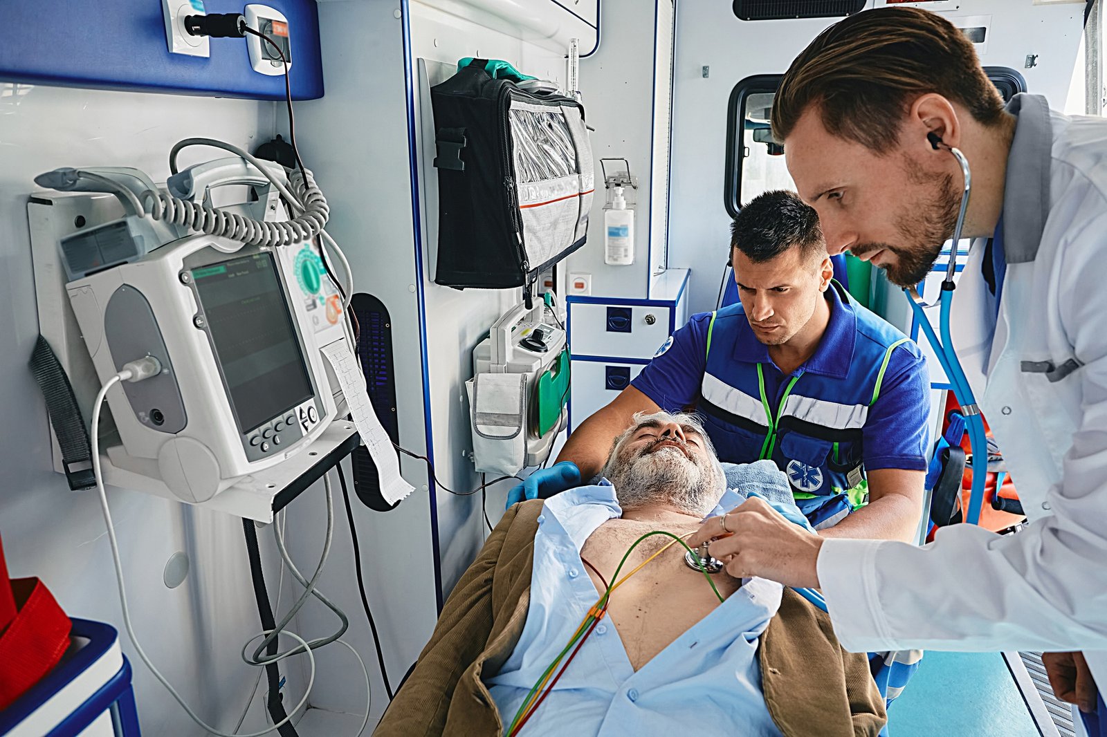 Doctor listening to heartbeat of injured patient connected to ECG monitoring equipment using