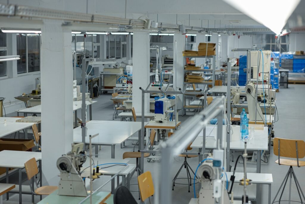 Interior of a modern factory for the manufacture of medical masks.